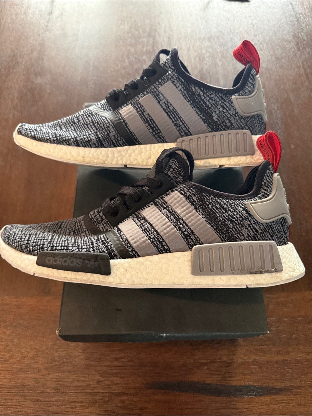 Adidas Black, Gray & White NMD R1 with Red Heel Tabs 10.5